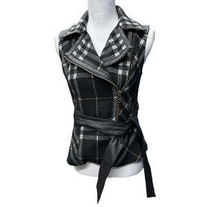 CABI #517 Wool‎ Blend Grid Moto Plaid Faux Leather Belted Vest~Size XS
